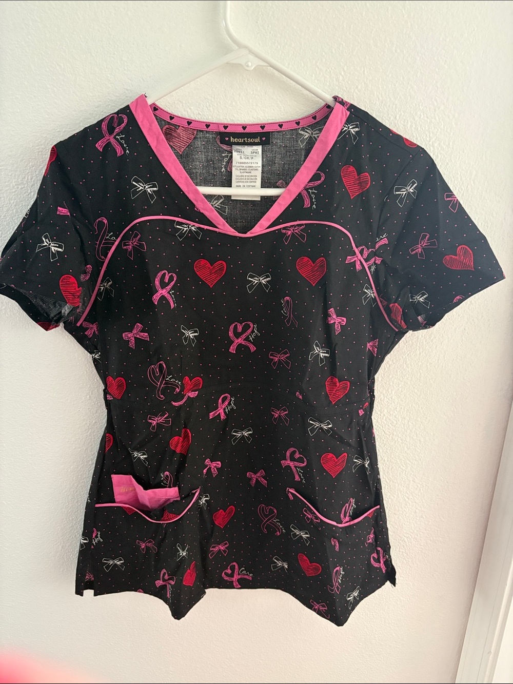 HeartSoul Black Scrub Top with Pink Ribbon and Heart Print